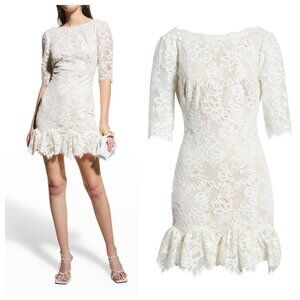 Sho by Tadashi Shoji Elbow-Sleeve Ruffle-Hem Lace Dress Ivory/ Nude